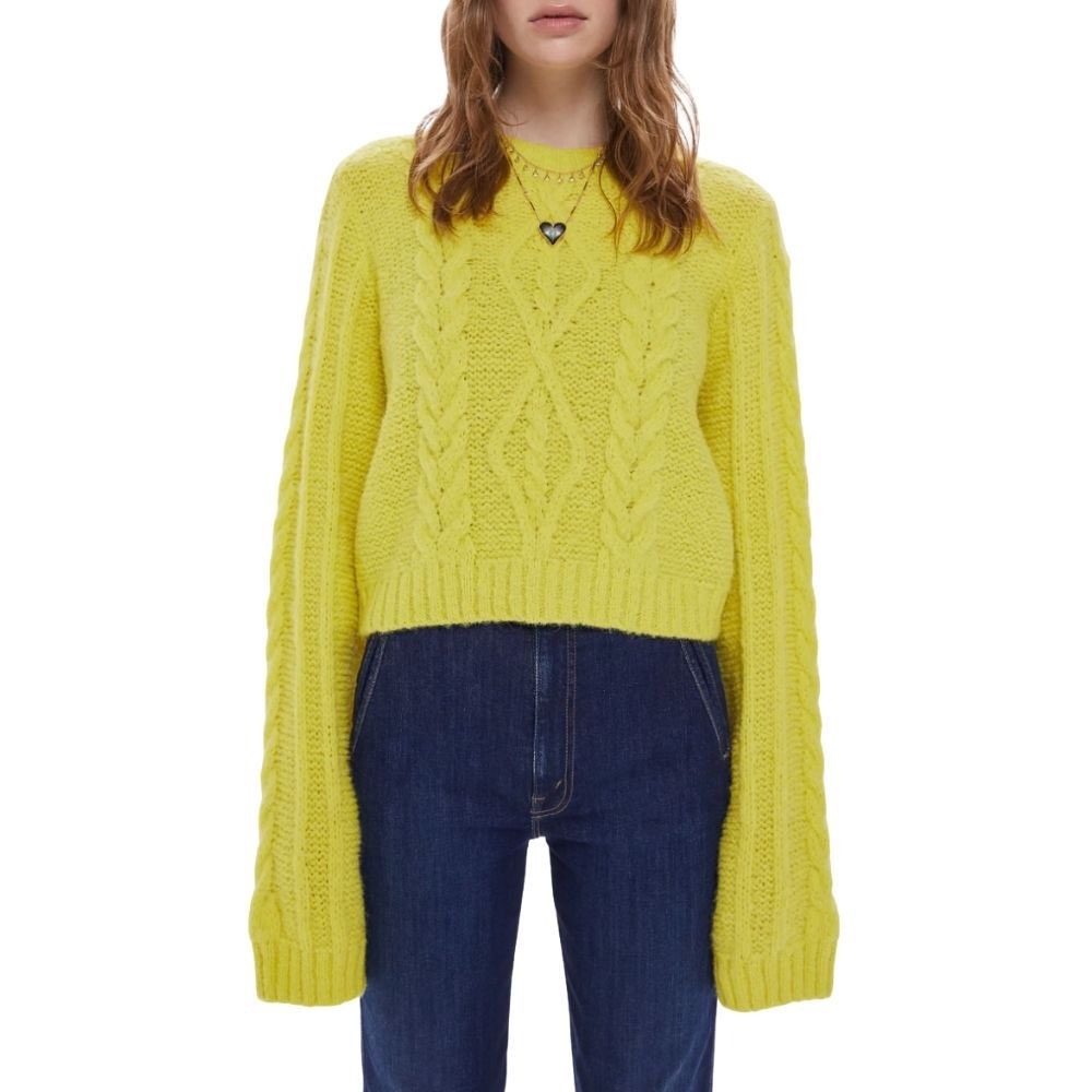 MOTHER Extended Sleeve Crop Cable Sweater Yellow Wool Alpaca Knit Small